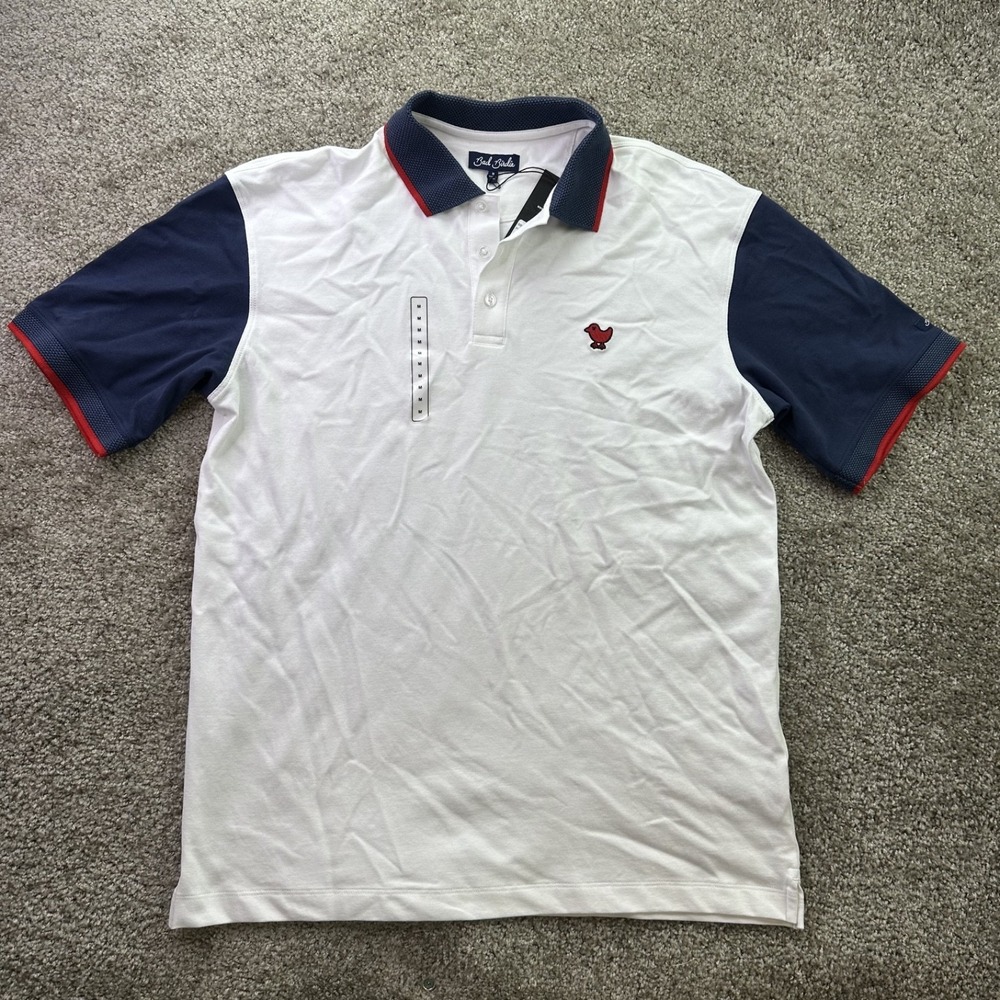 Bad Birdie Men's XL Pique Golf Polo White Dark Navy Red Shirt Short Sleeve USA